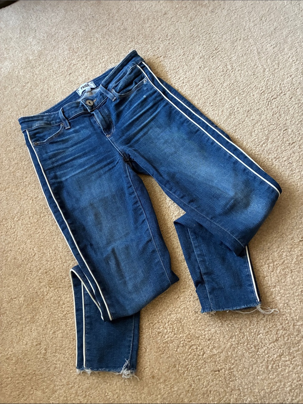 PAIGE Dark Blue Cropped Jeans with White Side Stripe